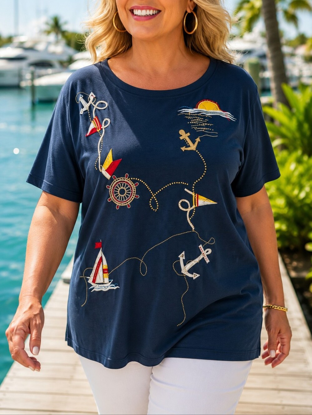 ❤️Nautical Beaded Embroidered Navy Tunic Coastal Vacation Beach Resort Top